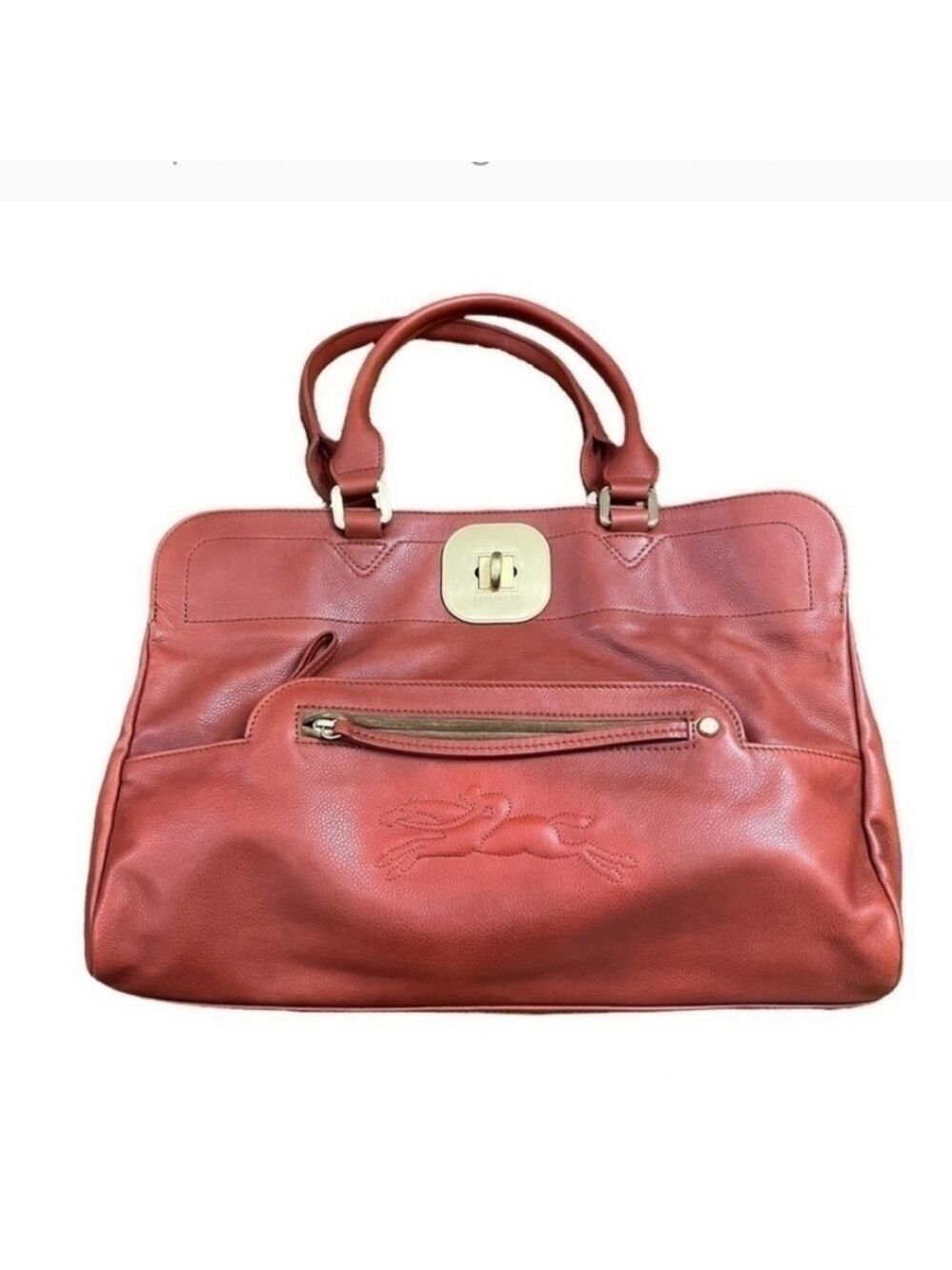 Authentic Longchamp Gatsby Leather Tote Bag Red Turnlock